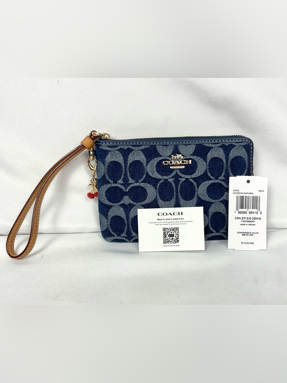 Coach CZ452 Corner Zip Wristlet In Signature Denim With Cherry Charm NWT